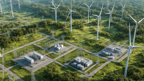 Aerial view of a wind farm, showcasing turbines on a green landscape with power infrastructure