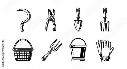 Collection of Hand Drawn Garden Tools and Supplies.