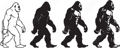 Bigfoot Silhouette Sequence – Mythical Sasquatch Creature in Walking Poses, Cryptozoology Vector Illustration Set