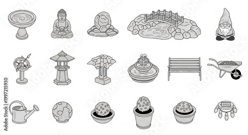 Collection of Garden Ornaments and Tools Line Art Icons.