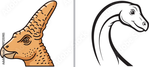 Cartoon parasaurolophus and long neck sauropod dinosaur head vector illustrations isolated on white background