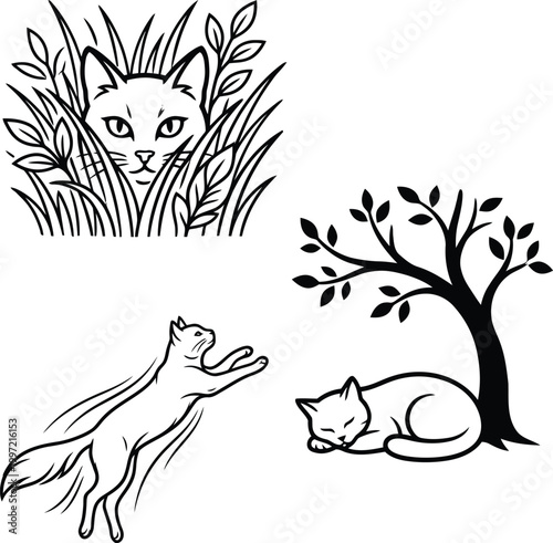 Cat vector set with feline hiding in tall grass and domestic kitten sleeping under leafy tree in garden area.