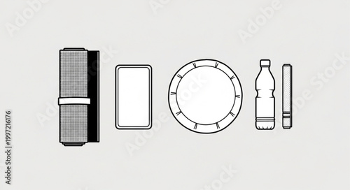 Collection of everyday objects arranged in a line.