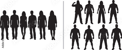 Set of diverse men and women silhouettes in standing and athletic poses vector isolated on white background