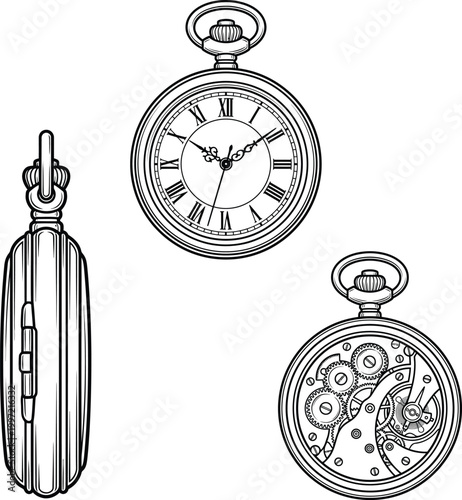 Vintage pocket watch collection showing face with roman numerals and internal clockwork mechanism parts set.
