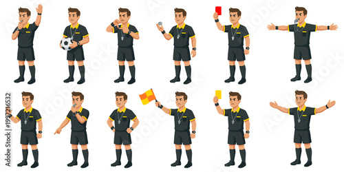 Soccer Referee Cartoon Character Poses Set, Football Official Gestures Collection for Match Control