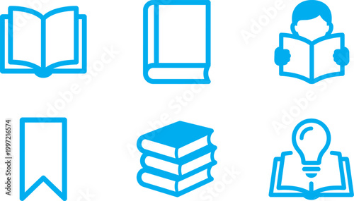 Education and reading icons set with book student bookmark knowledge symbols outline blue vector collection isolated on light background