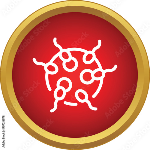 Sperm cells surrounding an ovum, representing the fertilization process in a red and gold icon