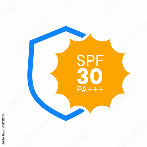 SPF 30 sun protection icon with yellow sun and blue shield on white background