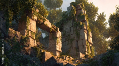 Ancient stone ruins, overgrown with lush greenery, stand amidst a forest illuminated by warm sunlight