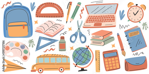 Colorful illustration of school supplies including a backpack, laptop, books, globe, and stationery items arranged in a playful, educational layout