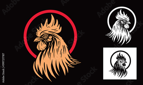 great rooster in circle logo, silhouette of big chicken  vector illustrations