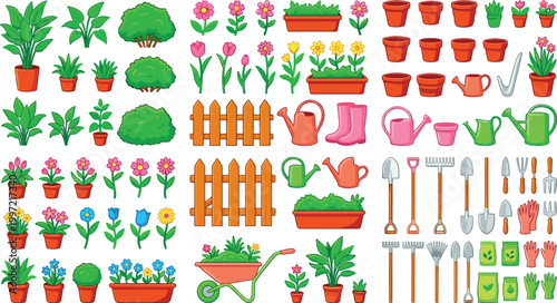 Large set of gardening tools and plants, vector illustration of flowers in pots, garden equipment, and wooden fence on transparent background