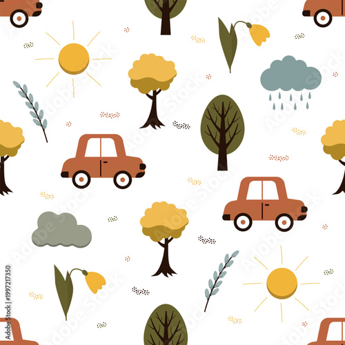 Seamless pattern with car and nature on a white background.Children's background