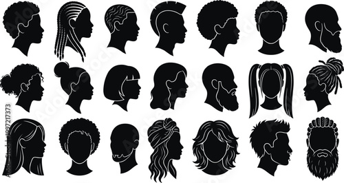 Vector collection of diverse people profile silhouettes, set of human avatars with various hairstyles and haircuts on transparent background