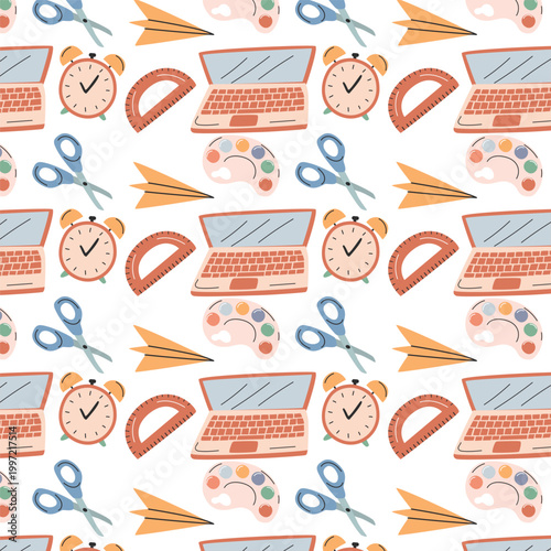 Colorful illustration of school supplies including a laptop, alarm clock, scissors, protractor, and paper airplanes arranged in a seamless pattern on a white background