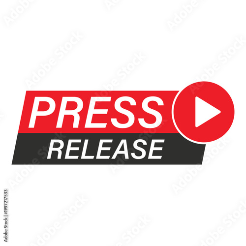 press release label flat design red white play button vector