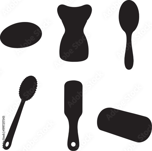 Spa wellness tools silhouettes set black vector massage stone steamer brush scrubber foot file towel bundle