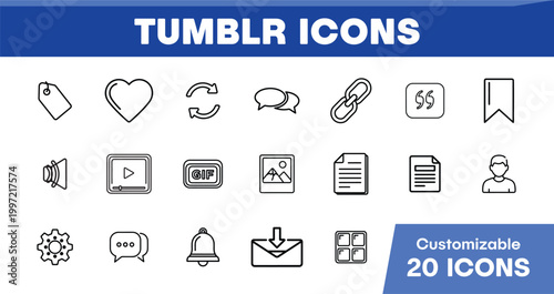 Tumblr Icons, 20 customizable social media vector icons, web interface symbols for blogging and online content, modern digital communication graphics