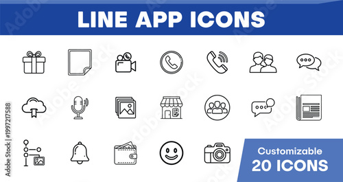 Line App Icons, customizable vector icon set for mobile applications and web interfaces. Modern UI/UX design elements, 20 essential outline symbols for digital projects.