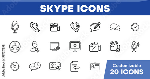 Skype Icons, customizable vector line art set, 20 essential communication and technology symbols, modern digital interface elements for web and app design