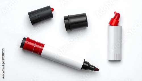 Red marker with black caps on white background