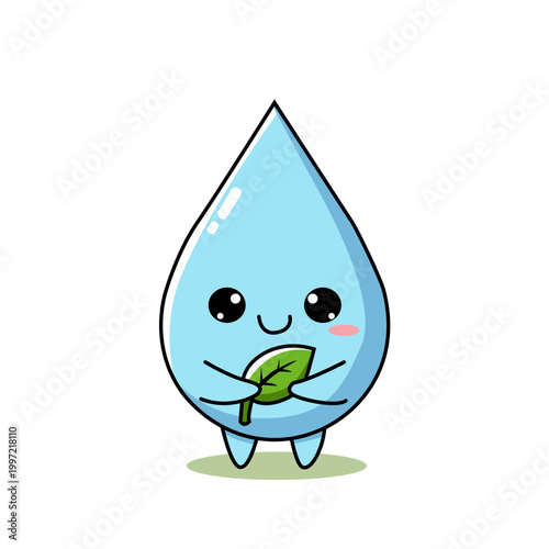 Cute Water Drop Character Holding Leaf – Eco Friendly Mascot Vector Illustration