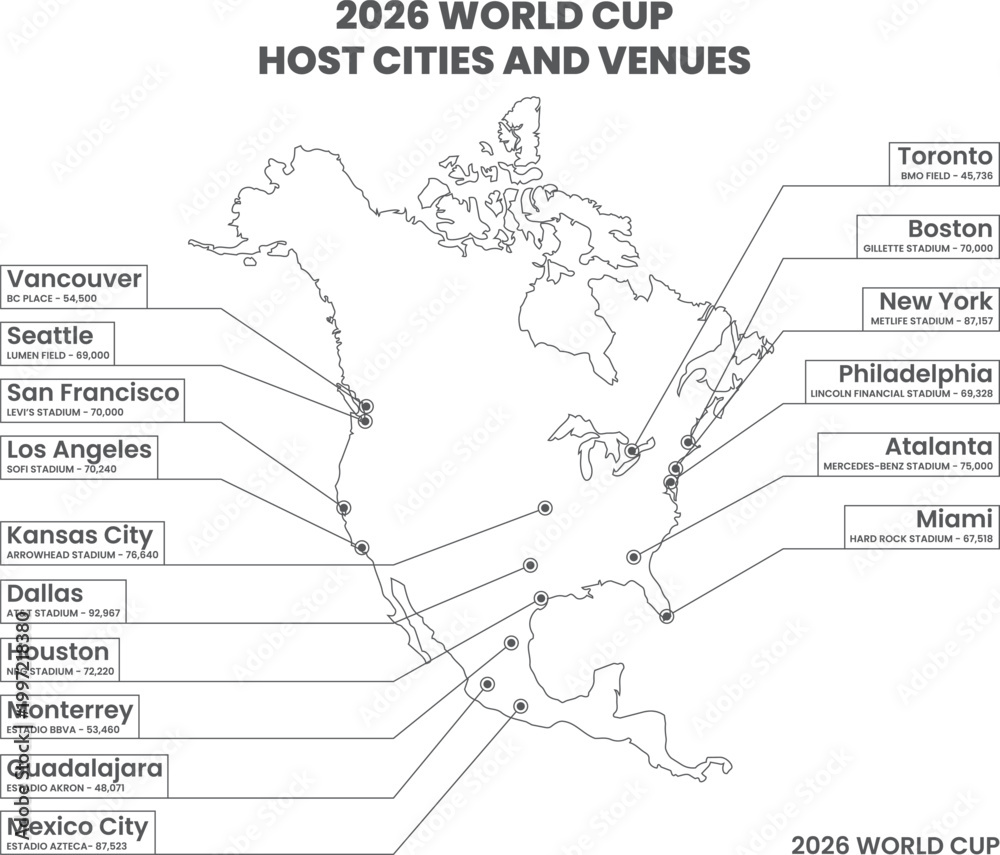Fototapeta premium 2026 World Cup host cities and venues map showing stadium locations in North America