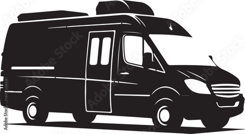 Black camper van, motorhome silhouette, RV icon, travel vehicle