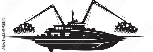 Black dredger ship, dredging vessel, harbor excavator, marine construction equipment, silhouette