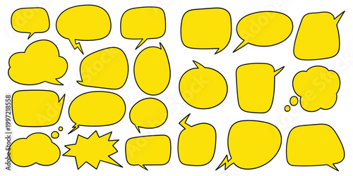 Hand-drawn cartoon set of yellow speech bubbles on a white background.