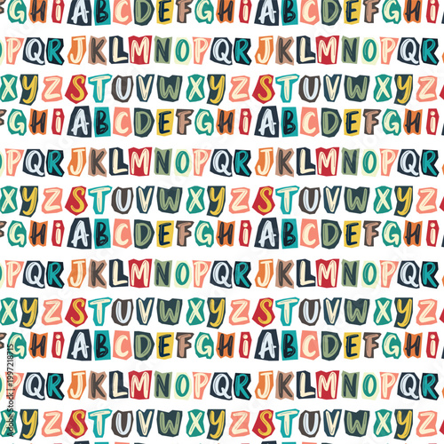 Colorful alphabet letters arranged in a repeating pattern on a light background, suitable for educational materials or children's design projects