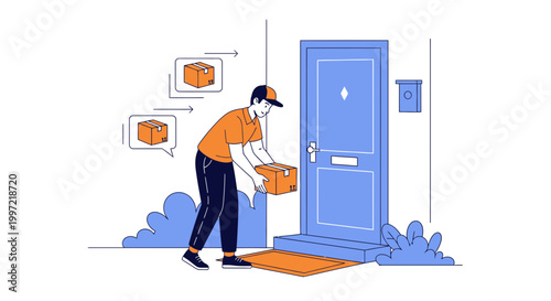Delivery man with package at door, express shipping, e-commerce delivery service, logistics concept