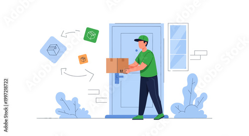 Delivery man with package at door, logistics and shipping concept
