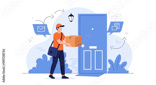 Delivery man with package at the door, contactless delivery service, e-commerce shipping concept.