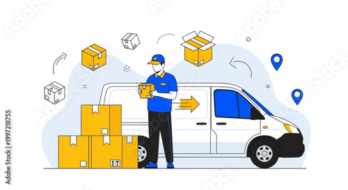 Delivery man with packages and van, logistics and shipping service concept