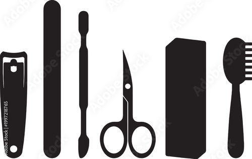Nail Tools Silhouettes Set Clipper File Cuticle Pusher Scissors Buffer Brush Vector Bundle