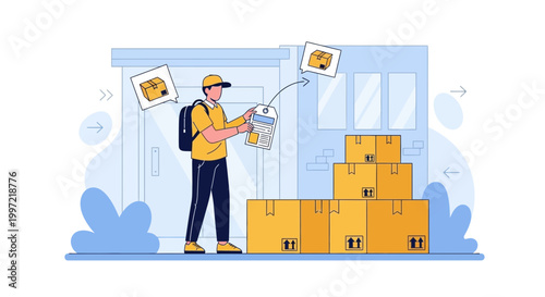 Delivery man with packages near building, logistics and shipping concept