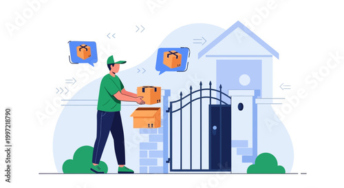 Delivery man with packages at house gate, online order, logistics, shipping, e-commerce concept