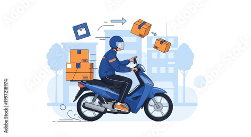 Delivery rider on motorcycle with packages, fast shipping concept, urban background