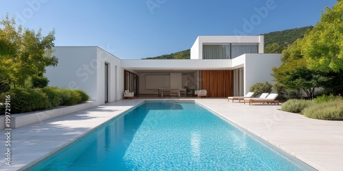 Modern White Luxury Villa With Inviting Blue Swimming Pool And Lush Green Landscaping Under Clear Sky