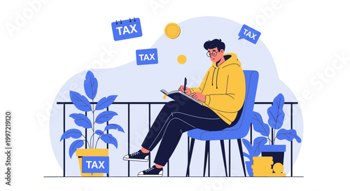 Man doing taxes at home, paying bills online, financial planning, tax season concept