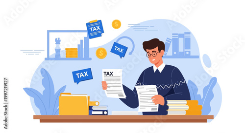 Man doing taxes, financial planning, accounting, and tax return concept