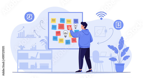 Man Planning Strategy on Whiteboard with Sticky Notes and Ideas