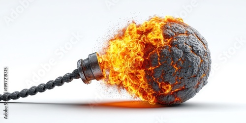 Exploding bomb with burning fuse and fiery detonation on a white background