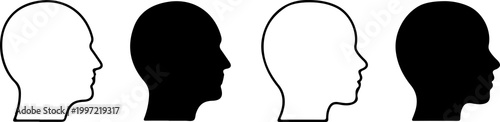 Photography Human head silhouette in outline and solid style, woman and man heads side view,
