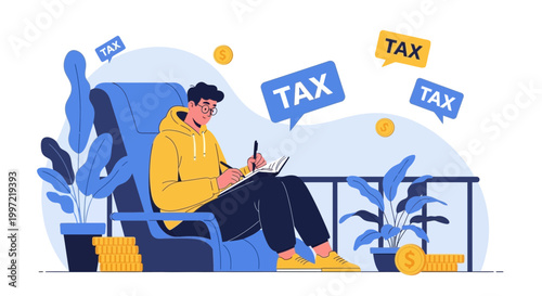 Man sitting in a chair, writing and thinking about taxes, coins and plants around him