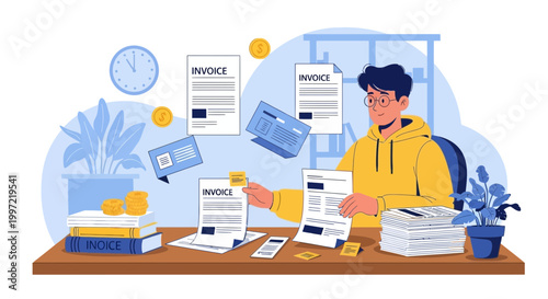 Man sorting invoices and bills at desk with coins and plant