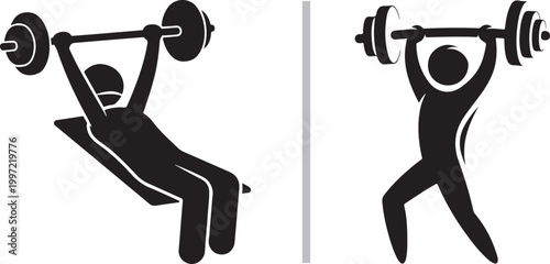 Weightlifting silhouettes of bench press and overhead press exercises vector illustration isolated on white background