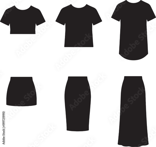Fashion length variations silhouettes set black vector cropped regular longline mini midi maxi bundle